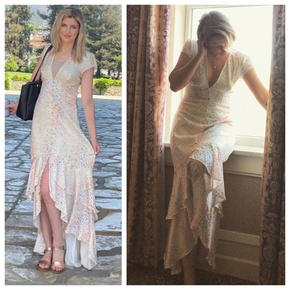 Hutch Multi Color Heart Maxi Dress White Satin Hi Low short sleeves V-neck 10 - Picture 12 of 15